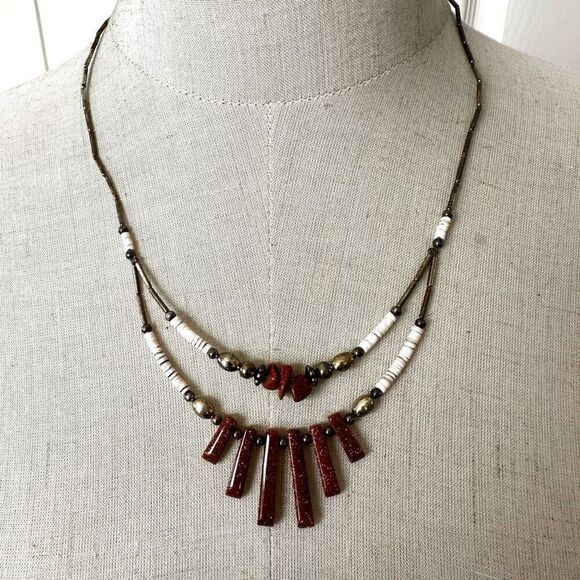 Goldstone shell silver tone double strand necklace - Picture 1 of 10